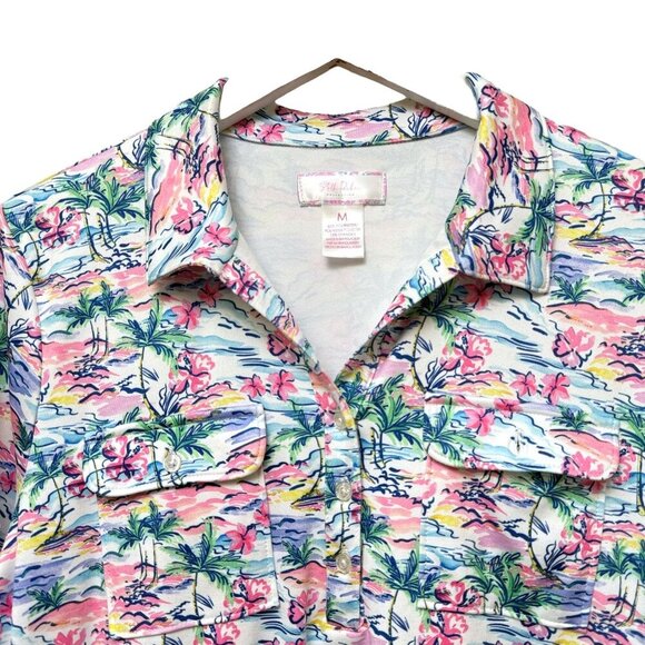 STELLA PARKER Polo Top Medium Pink Palms Print Short Sleeve Stretch Jersey Golf - Picture 7 of 9